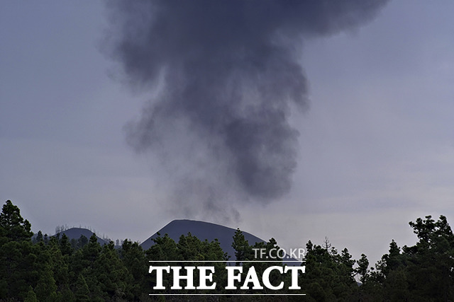 27일(현지시간) 스페인 카나리아 제도 라 팔마섬의 쿰브레 비에호 화산에서 연기가 나고 있다. /라팔마=AP.뉴시스