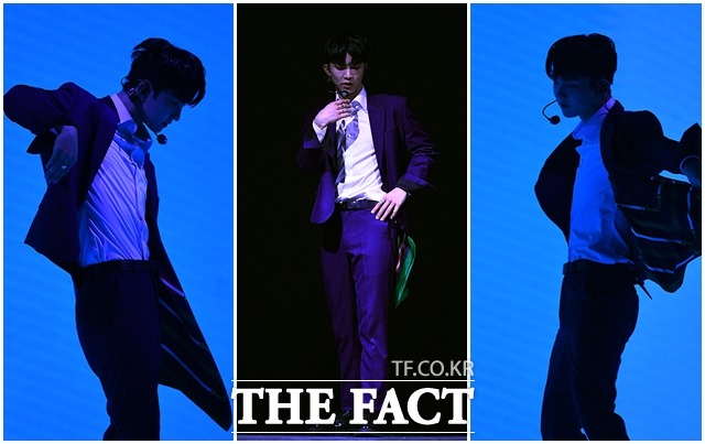 더팩트가 주최하고 팬앤스타(FAN N STAR)가 주관하는 2021 TMA가 2일 오후 인천 중구 파라다이스시티 플라자에서 열려 그룹 더보이즈의 큐가 화려한 무대를 펼치고 있다. /인천=이동률 기자