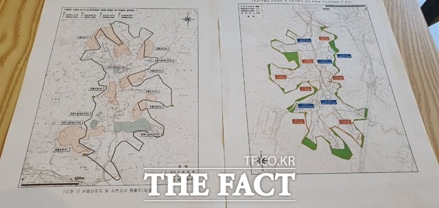 대장지구 문화재 발굴 보고서. (왼쪽)2009년 빨강색으로 유물산포지역이 설정됐는데, (오른쪽)2017년에는 시 외곽를 가운데 두고 유물산포지역이 원형보존녹지로 설정됐다./독자 제공