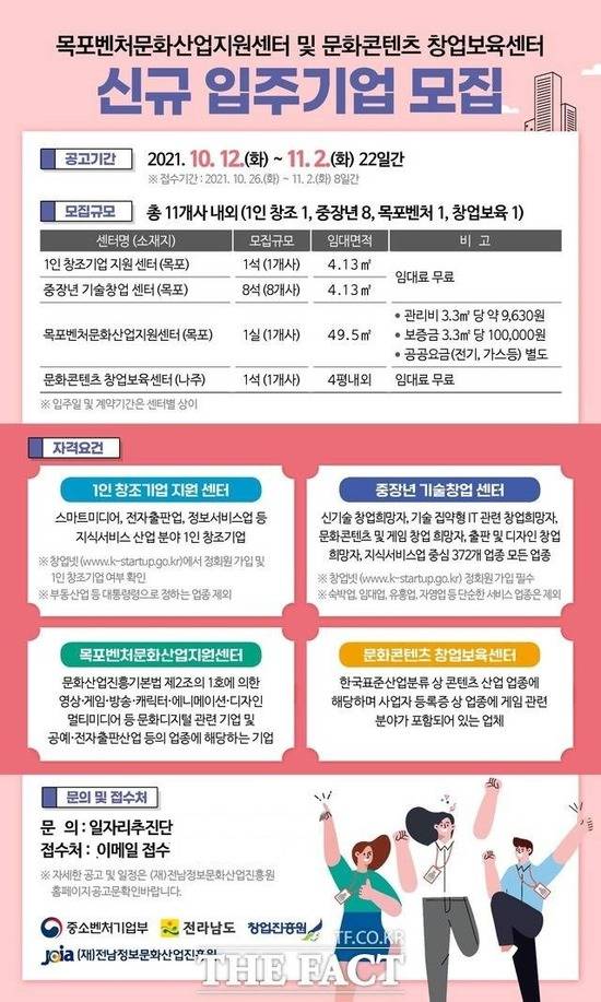 전남정보문화산업진흥원의 목포벤처문화산업지원센터 및 문화콘텐츠창업보육센터 등 신규 입주기업 모집 포스터 / 진흥원 제공