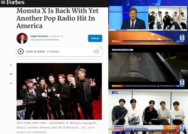 몬스타엑스가 싱글 One Day로 미국 빌보드 팝 에어플레이(POP AIRPLAY) 차트에 38위로 진입하는 쾌거를 이뤘다. 통산 3번째다. /美 포브스(Forbes) / 美 KTLA / 스타쉽엔터테인먼트