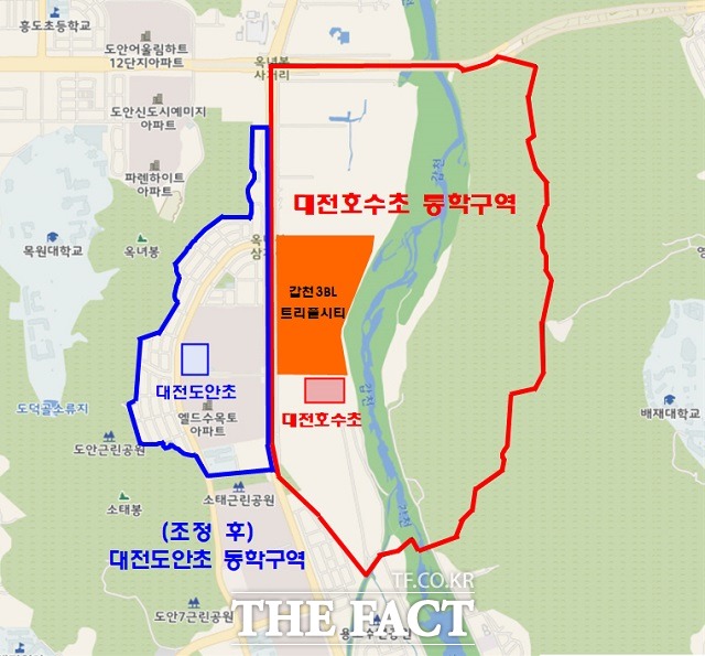 대전서부교육지원청이 대전호수초등학교 통학구역 설정(안)에 대해 학부모 및 지역 주민에 대한 의견 수렴에 나선다. 조정 후 통학구역. / 대전교육청 제공.