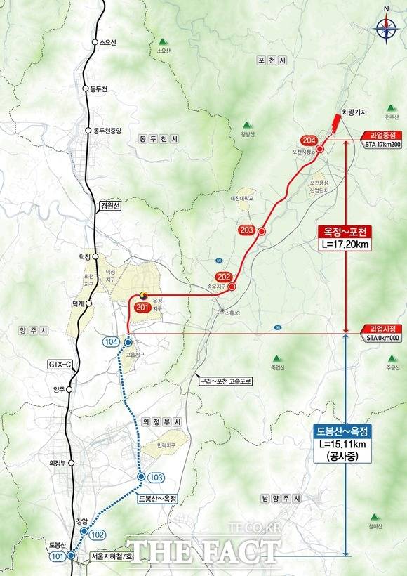 옥정~포천 광역철도사업 설계작업이 내년 상반기에 착수될 전망이다. 옥정~포천 광역철도 노선도. /경기도 제공