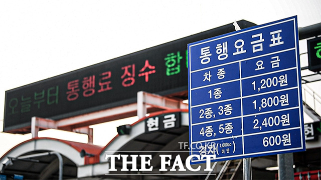 [더팩트ㅣ윤웅 기자] 일산과 김포 구간을 연결하는 일산대교의 통행료가 재 유료화된 18일 오전 일산대교 요금소의 전광판이 통행료 징수 재개를 알리고 있다.