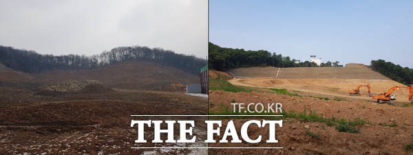 C사가 인천 서구 마전동 재개발 지역에서 진행한 법면조성공사 이전(좌)과 이후(우)의 모습. /사진=C사 제공