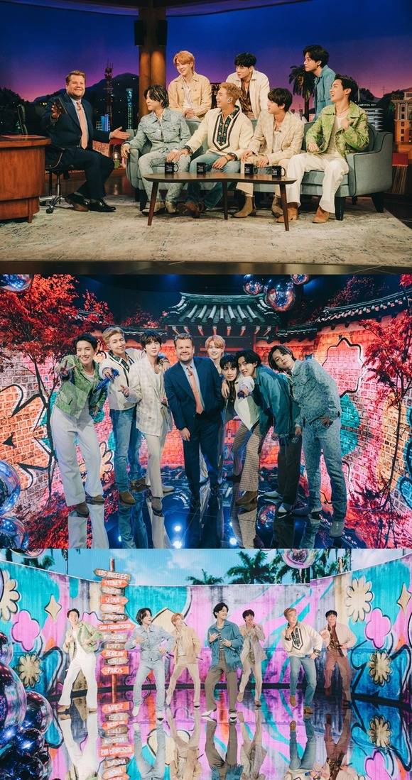 방탄소년단이 미국 인기 토크쇼 제임스 코든쇼에 출연해 서울과 LA를 잇는 특별한 퍼포먼스를 선사했다. /CBS 제공