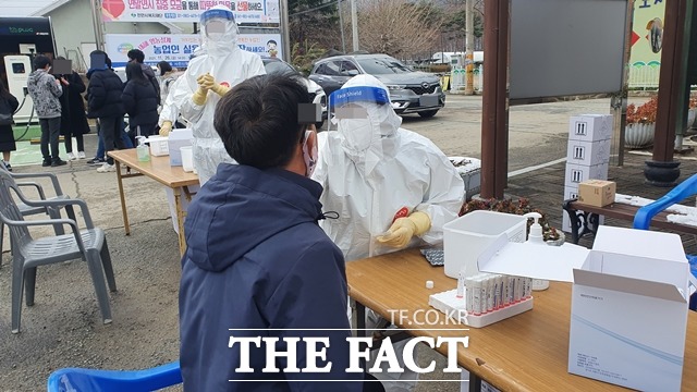 충남 천안의 한 마을에서 발생한 코로나19 집단 감염이 누적 310명을 넘어섰다. 사진은 광덕면 행정복지센터서 검사를 받는 주민들 모습. / 더팩트DB