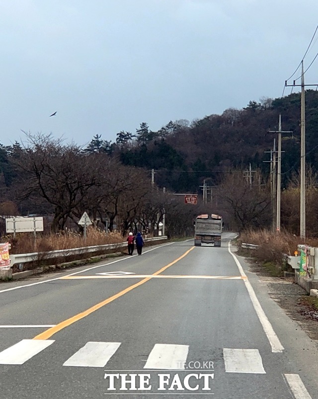 대형 덤프트럭이 중앙선을 침범해 운행하고 있고 문평면 북동리 주민들이 조심스레 통행하고 있다. / 이병석 기자