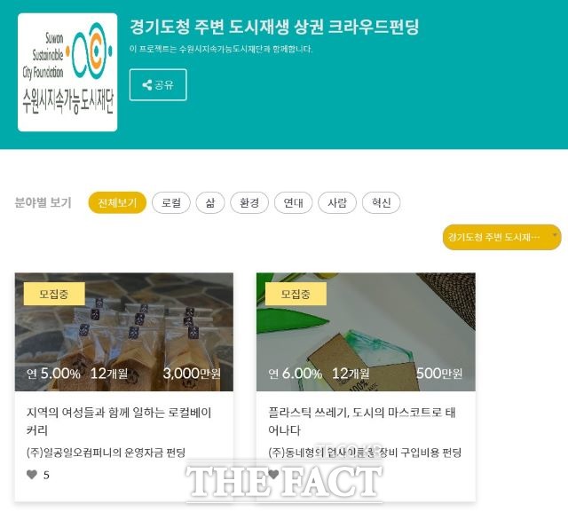 수원도시재단에서 진행하는 경기도청 주변 도시재생 상권 활성화를 위한 크라우드펀딩.