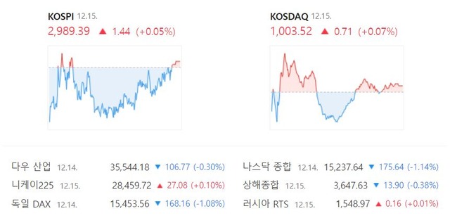 코스닥 지수도 전 거래일보다 0.71포인트(0.07%) 오른 1003.52로 거래를 종료했다. /네이버 증권정보 캡처