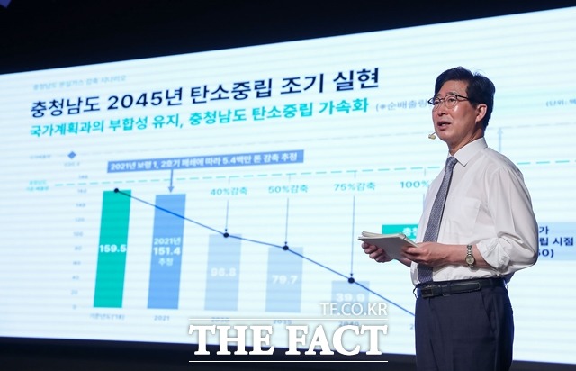 양승조 충남지사가 20일 열린 탄소중립위원회 출범식에서 탄소중립 조기 실현을 위한 계획을 설명하고 있다. / 충남도 제공