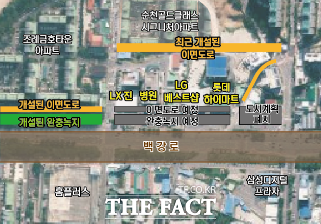 순천시가 개설 예정인 완충녹지와 도로가 중간에 끊겨 도로기능을 제대로 할 수 있느냐는 논란을 빚고 있다, 또 개인 소유도로이고 좁고 굽은 길이어서 연결도로서의 기능도 의문시 되고 있다. /독자 신소희 그래픽 제공