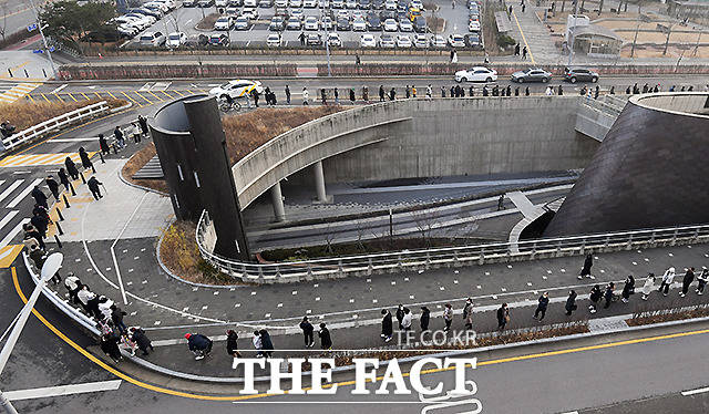 지난 15일 오후 서울 송파구 문정도시개발구역 광장 임시선별검사소 앞에서 시민들이 검사를 받기 위해 줄지어 서 있다. /이새롬 기자