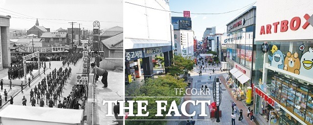 1969년 성안길의 모습(왼쪽)과 올해 성안길의 모습. / 청주시 제공