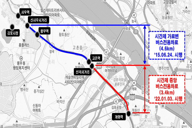 김포시가 내년 1월 3일부터 신곡사거리에서 개화역까지 시간제 중앙버스전용차로를 시행한다. / 김포시 제공