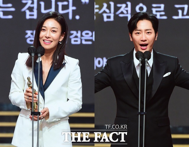 배우 장영남(왼쪽)과 이상엽이 재치 있는 수상소감으로 웃음을 안겼다. /MBC 제공