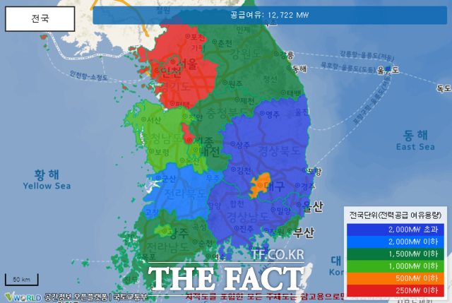 전국단위 전력공급 여유지도 / 한전 제공