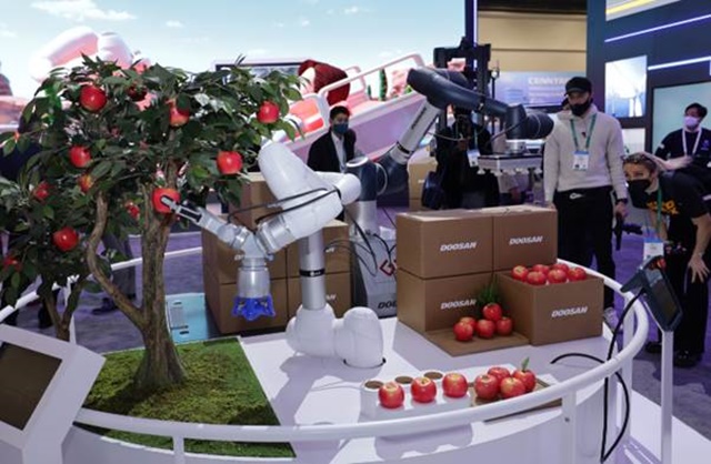 두산로보틱스 협동로봇이 스마트팜에서 자란 나무에서 사과를 수확하고 있다. /두산그룹 제공