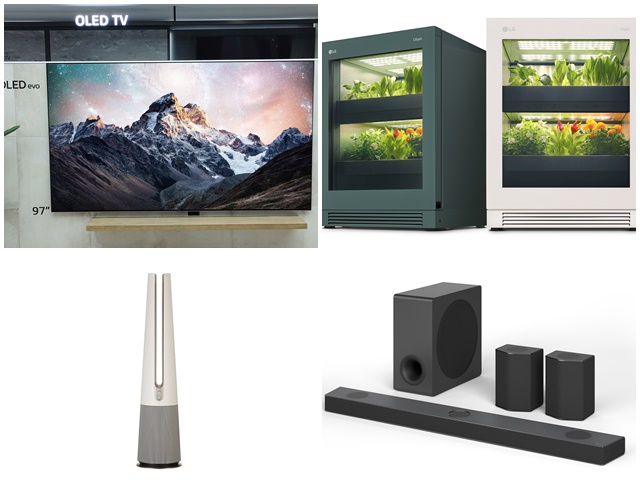 LG 올레드 에보, 신개념 식물생활가전 LG 틔운, LG 사운드 바, 공기청정기 LG 퓨리케어 에어로타워(왼쪽 위부터 시계방향) /LG전자 제공