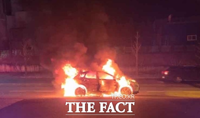 충남 태안 한 도로를 달리던 전기차에서 불이나 전소됐다. / 태안소방서 제공