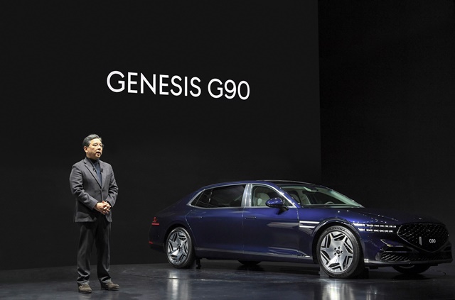 장재훈 현대자동차 사장이 제네시스 G90 미디어 이벤트에서 인사말을 하고 있다. /현대자동차 제공