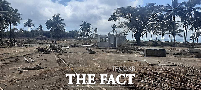 공개한 사진에서 해변의 나무들이 쓰러졌고, 도로와 마을 등이 파손된 모습이다. /통가 왕국 영사관 트위터 캡처