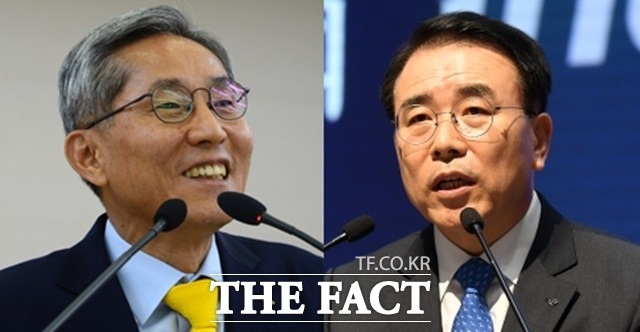 KB금융지주가 신한금융지주를 제치고 리딩금융 자리를 지켰다. 왼쪽부터 윤종규 KB금융그룹 회장과 조용병 신한금융그룹 회장의 모습. /더팩트 DB