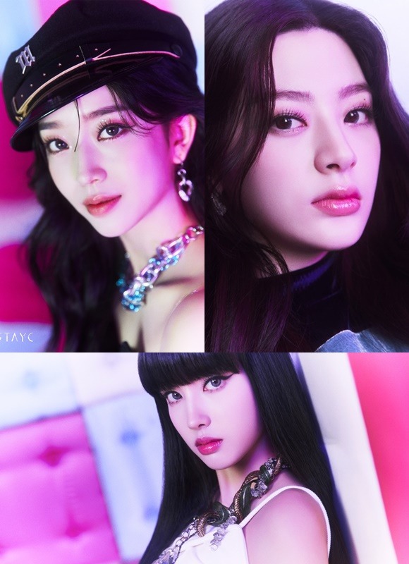 수민 세은 윤(왼쪽 위부터 시게 방향)은 핑크색 조명이 은은하게 빛나는 공간에서 강렬하고 깊이 있는 눈빛으로 카리스마를 발산했다. /하이업엔터 제공