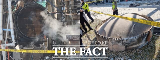 여수국가산단 NCC 여수3공장 내 열교환기가 폭발하며 뚜껑(floating cover)이 날아가고 없는 모습(좌)과 30여m 튕겨져 나간 뚜껑(우)이 덩그러니 놓여있다. /여수=유홍철 기자
