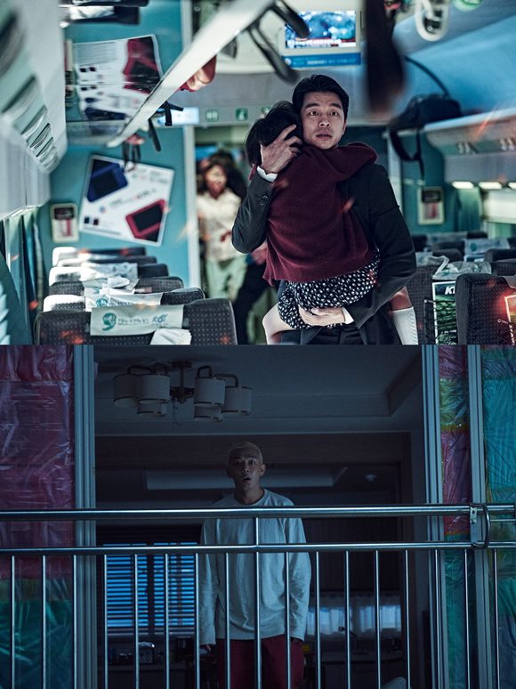 영화 부산행(사진 위)은 서울역을 출발해 부산역에 도착하는 부산행 KTX에, 영화 #살아있다는 홀로 남은 아파트에 고립된 채 좀비들과 사투를 벌이는 이야기를 그린다. /각 영화 스틸컷