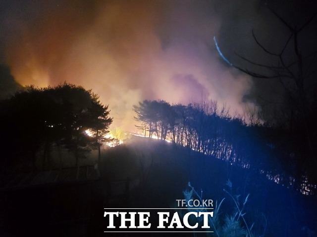 16일 오전 2시18분과 3시48분쯤 경북 영덕군과 성주군에서 전날 발생했던 산불이 재발화해 산림과 행정당국이 진화인력을 긴급 투입해 진화하고 있다./산림청 제공