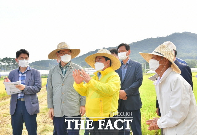 장성군이 민선7기 공약사업 가운데 농업분야에서 가장 높은 추진율을 기록했다. 김영록 도지사에게 농업 현황을 설명하고 있는 유두석 장성군수(중앙)./장성군 제공