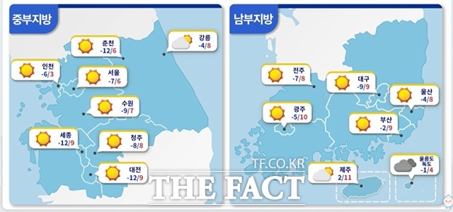 중부지방과 남부지방의 18일 오전 기온./기상청