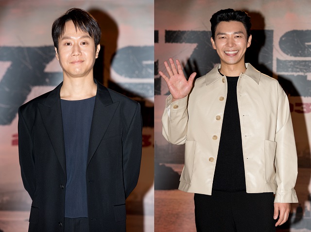 배우 정우와 지승현(왼쪽부터)이 21일 열린 영화 뜨거운 피 제작보고회에서 이번 작품까지 총 4번의 호흡을 맞춘 소감을 전했다. /키다리스튜디오 제공