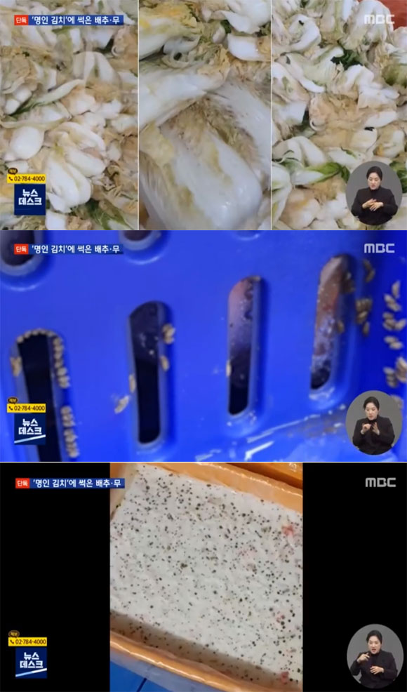 완제품 포장 김치를 보관하는 상자에는 애벌레 알이 달려 있고 밀가루 풀에는 곰팡이가 보인다. /MBC 뉴스데스크 방송화면 캡처