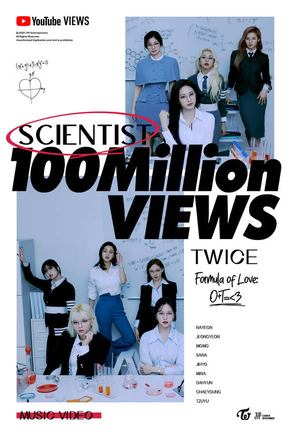 지난해 11월 공개된 SCIENTIST 뮤직비디오가 1억 뷰를 돌파했다. 이로써 트와이스는 1억 뷰 이상의 뮤직비디오를 20개 보유하게 됐다. /JYP 제공