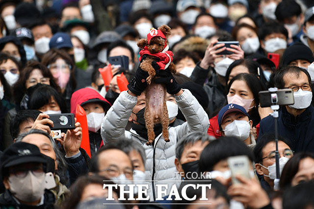 연설을 듣던 윤석열 후보의 지지자가 2번 모자를 씌운 강아지를 들어보이고 있다.