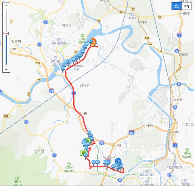 대전~세종 1002번 광역시내버스 노선도 / 자료 출처=대전교통정보센터
