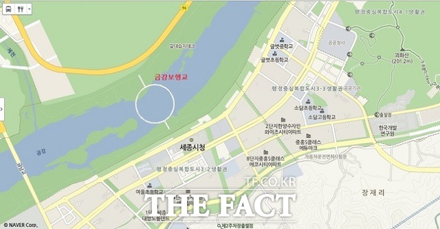 오는 3월 24일 개통될 세종시 금강 보행교(步行橋) 위치도 / 원지도 출처=네이버