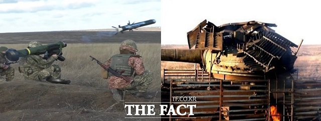 우크라이나 육군병사가 발사한 재블린 대전차 미사일에 상부 방어용 철제 케이지를 전차가 파괴된 모습. /우크라이나육군 공개 동영상 캡쳐