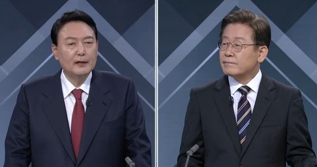 이재명 더불어민주당 대선 후보와 윤석열 국민의힘 후보가 토론에서 페미니즘을 두고 논쟁을 벌였다. /MBC 유튜브 갈무리