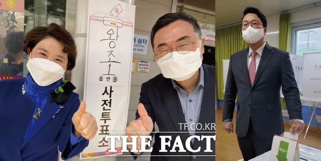 소병철 민주당 국회의원(순천갑 지역위원장) 부부와 천하람 국민의힘 순천갑 당협위원장(오른쪽)이 4일 오전 각각 왕조1동과 외서면 사전투표소에서 투표했다. /민주당과 국민의힘 순천 사무실 제공