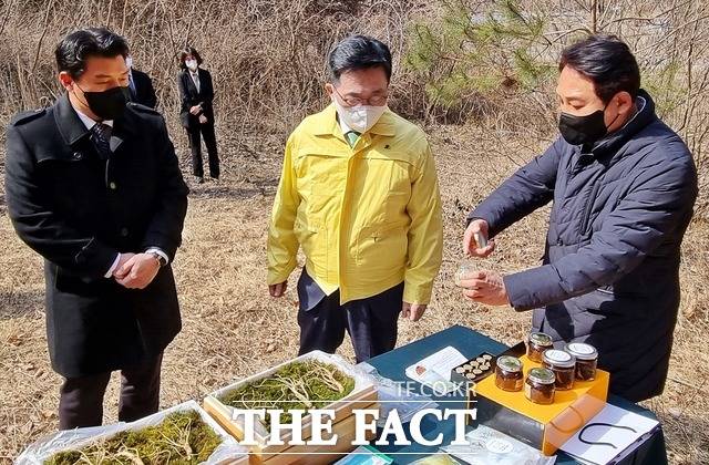 한국농수산식품유통공사 김춘진 사장이 한국청년임업회 산양삼 재배지를 방문해 관계자로부터 의견을 듣고 있다. aT 김춘진 사장(가운데) / aT 제공
