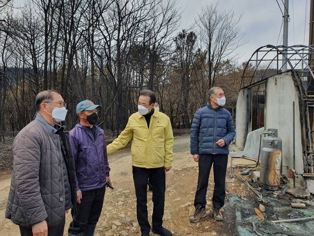 이성희 농협중앙회장(왼쪽 세 번째)은 산불피해를 입은 농가를 방문해 농업인을 위로하고 신속한 생활안정을 위한 지원책 마련을 약속했다. /농협중앙회 제공