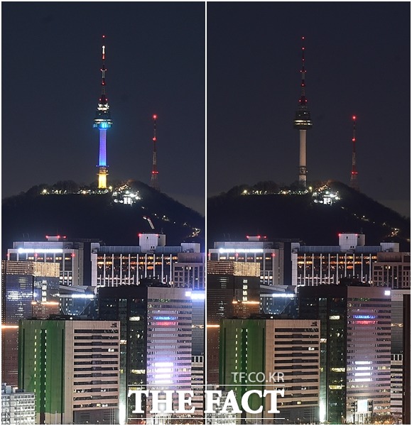 지구촌 전등 끄기 캠페인 어스아워(Earth Hour)가 실시된 26일 오후 서울 종로구 부암동에서 바라본 N서울타워와 서울도심이 조명을 밝힌 모습(왼쪽)과 오후 8시30분 부터 소등 한 모습이 대조를 보이고 있다. /이동률 기자