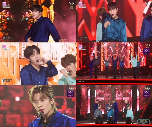 신인 보이그룹 TAN(탄)이 3일 오후 방송된 SBS 인기가요에 출연해 DU DU DU(두 두 두) 무대를 펼쳤다. /방송화면 캡처