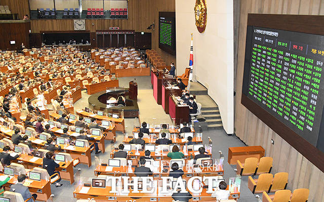 국회 본회의에서 주민투표법 일부개정 법률안이 표결로 통과되어 박병석의장이 가결 선언하고 있다.