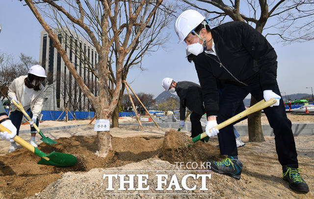 오세훈 서울시장이 5일 오전 서울 종로구 광화문광장에서 열린 제77회 식목일 기념 나무심기 행사에 참석해 나무를 심고 있다. /임세준 기자