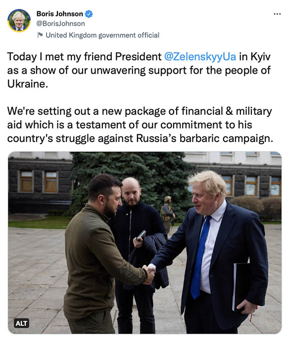 보리스 존슨 영국 총리가 러시아와 교전 중인 우크라이나를 방문했다. /보리스 존슨 총리 트위터