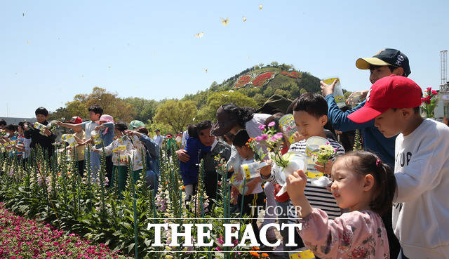 ‘함평나비대축제’가 3년 만에 관람객을 맞이한다. 함평엑스포공원 나비축제장을 찾은 관광객들이 나비날리기를 하고 있다./함평군 제공